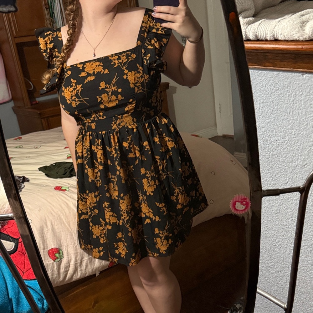 SHEIN Black and Gold Floral Mini Dress